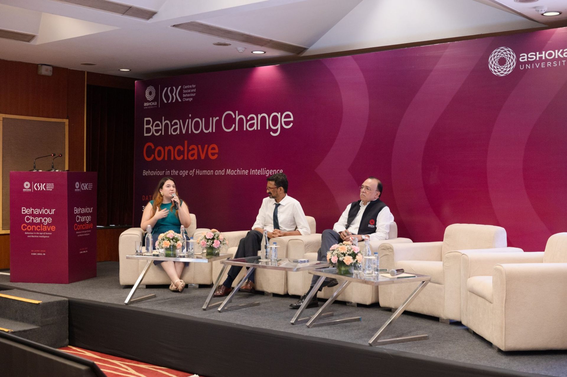 Behaviour Change Conclave 2026 stage at Ashoka University with panel speakers